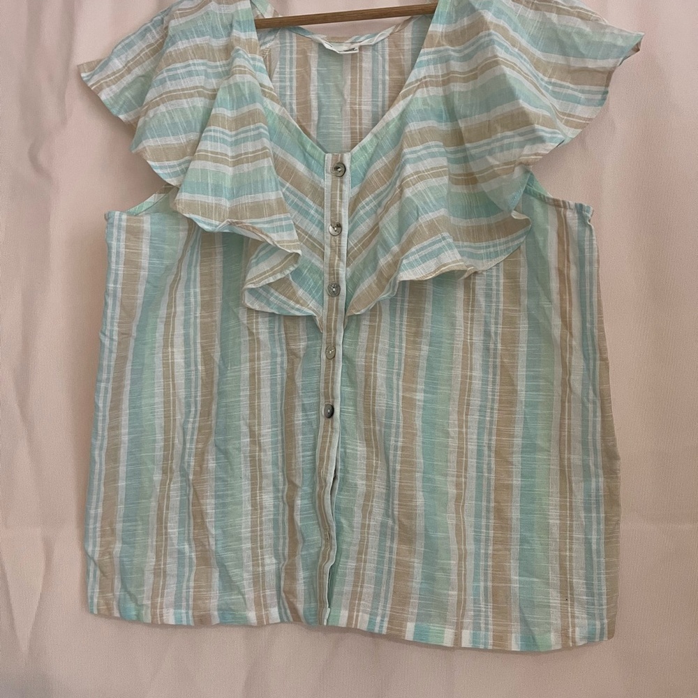 French Laundry Green Blue Ruffled Bib Collar Blouse - Picture 2 of 8